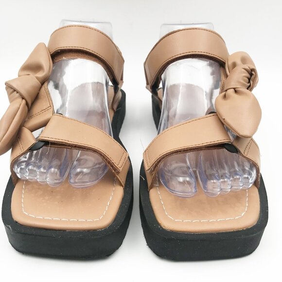 ZARA Bow Velcro Tan Flat Neutral Beige Square Toe Sandals Womens 6.5 - Picture 2 of 12